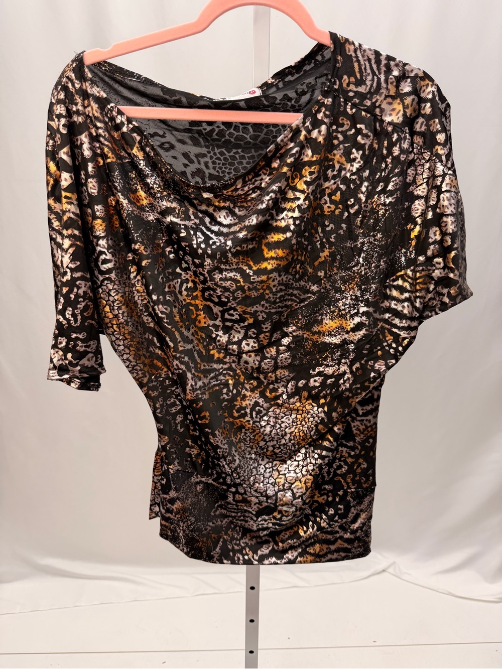 Body Central Metallic Gold Black Animal Print Cowl Neck Top Y2K